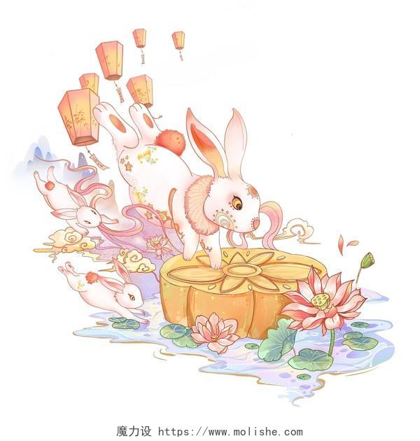中秋节嬉戏的兔子中秋国潮插画节日氛围PNG素材